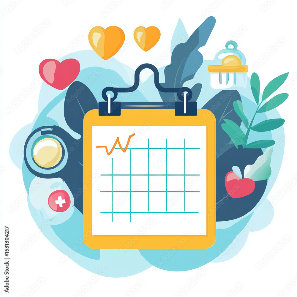 Colorful flat illustration of a health calendar with heart icons, plants and medical elements representing wellness monitoring Colorful flat illustration of a health calendar with heart icons, plants and medical elements representing wellness monitoring