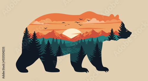 Dark silhouette of a bear with a natural scene, standing in the foreground with a vivid mountainous landscape at sunset
