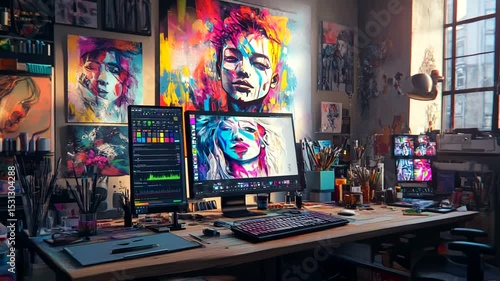 Colorful art studio with paintings and digital workstation