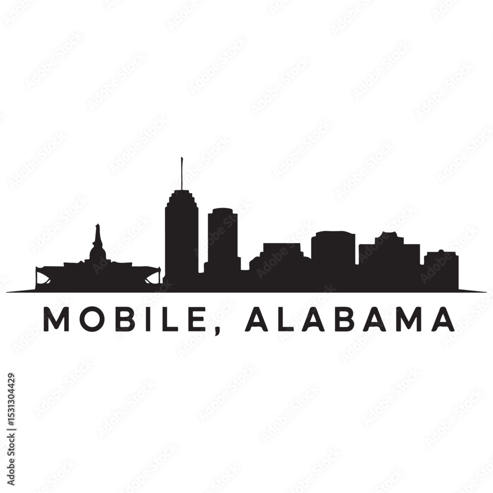 Fototapeta premium Mobile skyline horizontal banner. Mobile, Alabama. Vector template for your design. Vector black silhouette. with white background