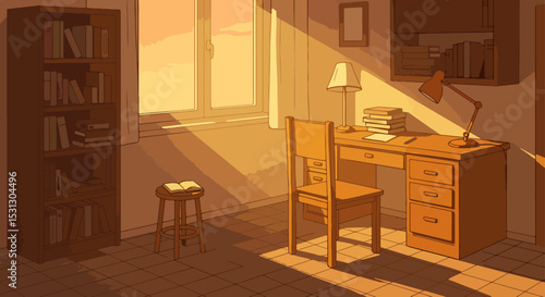 Study room with wooden desk, chair, and bookshelves filled with books