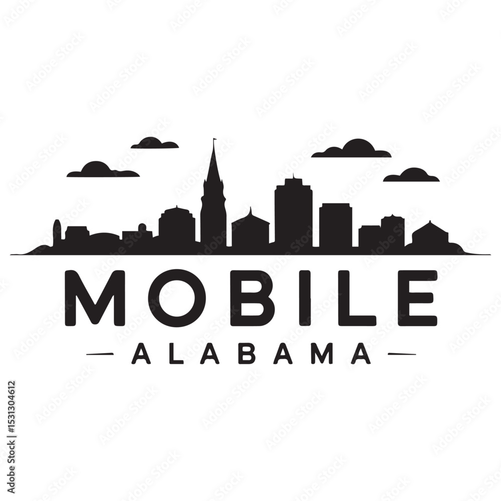 Obraz premium Mobile skyline horizontal banner. Mobile, Alabama. Vector template for your design. Vector black silhouette. with white background