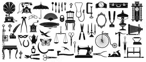 Vintage Object Collection Pack: A detailed, black and white silhouette collection showcasing a variety of antique objects and tools. Each item exudes a sense of history, craftsmanship, and times past.