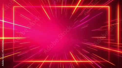 Dynamic neon frame with radial light streaks over gradient red background animation