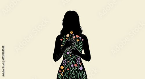 Silhouette of woman holding colorful bouquet of flowers