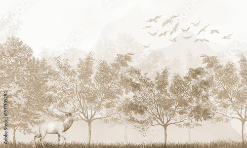Photography Vintage Forest Animals Wallpaper: Deer in Muted Brown Woodland Landscape Scene
