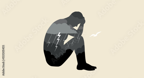 Illustration of a solitary figure in a contemplative pose with dark clouds and lightning bolts