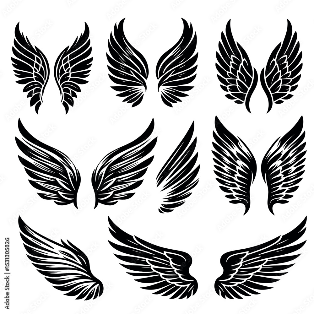 Obraz premium Angel Wings Vector Set Feathered Wing Silhouettes 