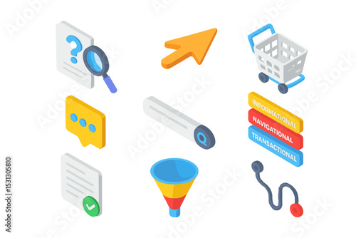 Colorful digital marketing icons representing online shopping and seo