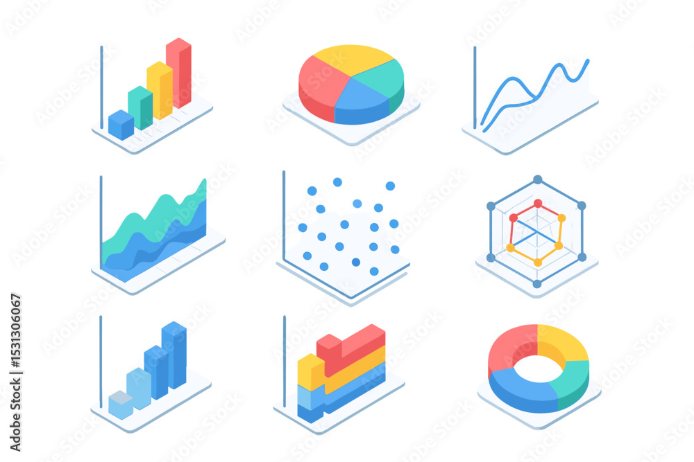 Obraz premium Colorful 3d data charts and graphs set on gradient background