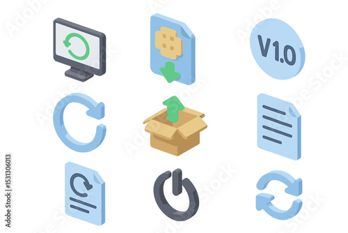 Software update icons and symbols representing version control and installation