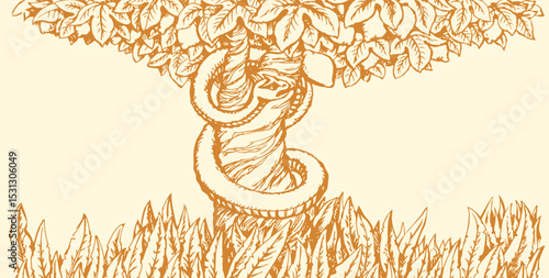 Vector drawing. Snake on the tree