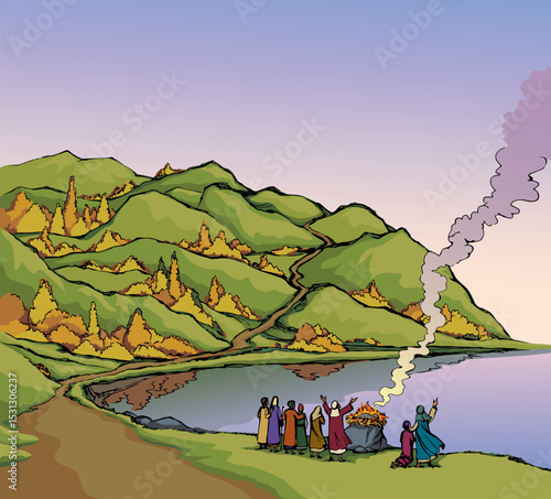 Vector image. Summer landscape with a river flowing among the hills