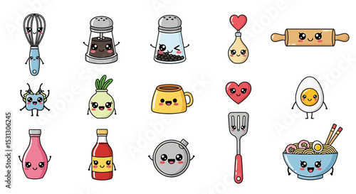 Vector icons Set of  Adorable Kitchen Utensils and Food Items with Cute Cartoon Faces. Vector Illustrations