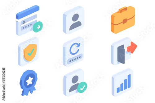 Isometric icons of user interface elements with glowing effects