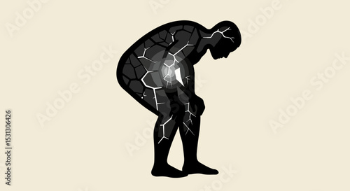 Illustration of a solitary male figure in a forward-bent posture with cracked lines