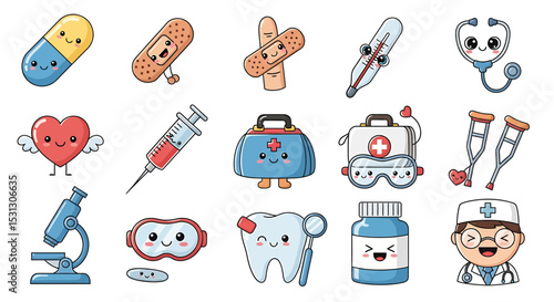 Vector icons Set of  Adorable Medical Icons Smiling Pill Bandage Heart Syringe and Doctor Illustrations. Vector Illustrations