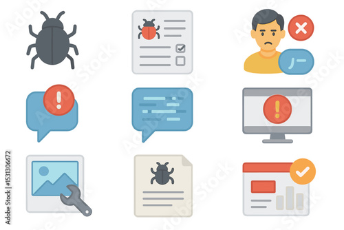Bug fixing and error notification icons with asian male figure