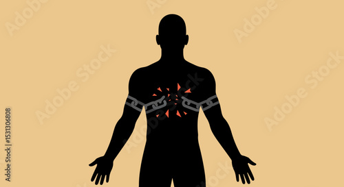 Dynamic silhouette of a male figure with stylized arm bands and vibrant chest pattern