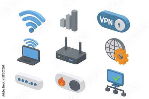 3d icons of technology: wi-fi, vpn, network, and security symbols