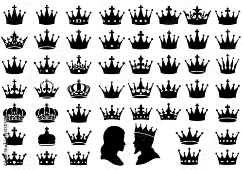 A Royal Collection of Crowns and Silhouettes of a King and a Queen Representing Power and Authority