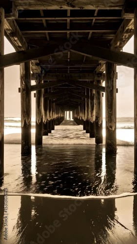 Wallpaper Mural Dramatic perspective under weathered wooden pier, tranquil ocean waves and sunlight on sandy beach with reflection. Torontodigital.ca