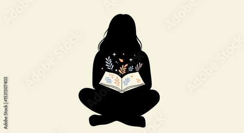 Seated female silhouette reading a book with floral illustrations and wearing headphones