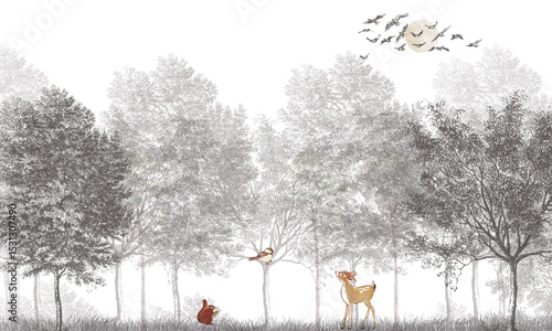 Canvas Print Monochromatic Forest Animals Wallpaper: Gray Deer, Birds in Woodland Scene