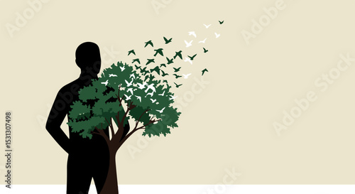 Silhouette of a male with hands on hips in front of a green tree and flying birds