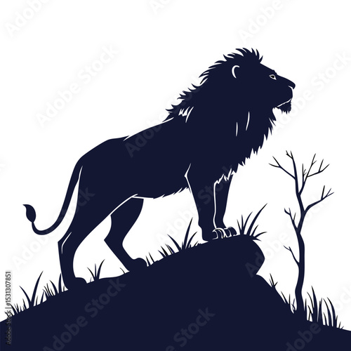 Majestic lion silhouette standing proudly on a rocky outcrop against a white background