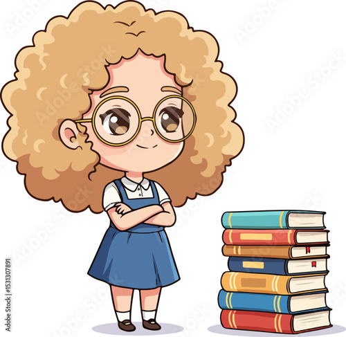 Young girl with curly blonde hair and glasses in blue dress with stack of colorful books