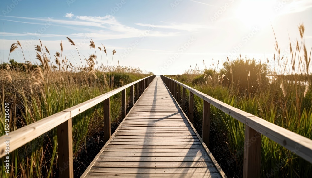 Fototapeta premium Scenic Wooden Boardwalk Pathway Through Coastal Wetland Ecosystem