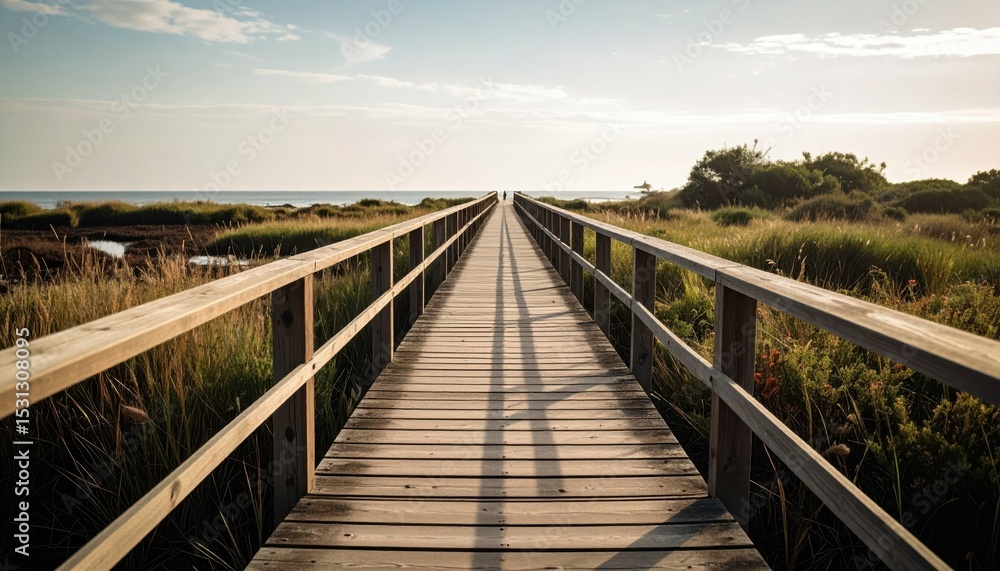 Obraz premium Scenic Wooden Boardwalk Pathway Through Coastal Wetland Ecosystem