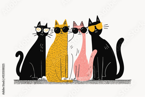 illustration of cool summer cats wearing sunglasses. hand drawn cartoon style