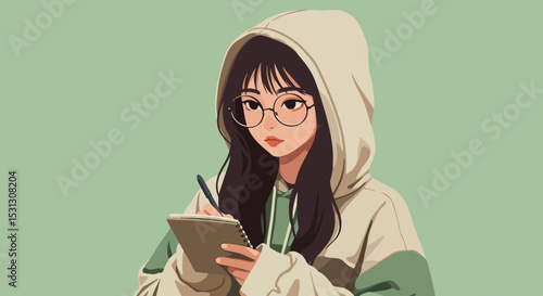 Young woman with dark hair and round glasses writing in notebook with pen