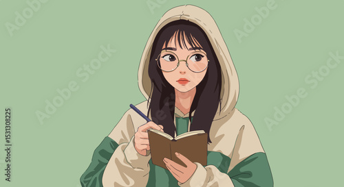 Young woman with black hair and glasses reading a book and holding a blue pen