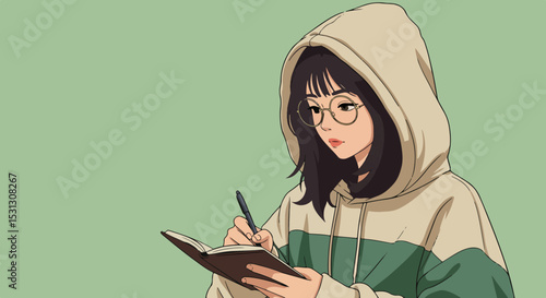 Young woman writing in notebook with pen, wearing hoodie and glasses, light green background