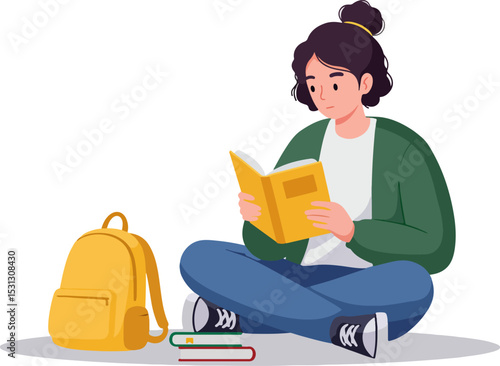 Young woman reading a book outdoors with a yellow backpack and additional books