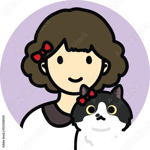 icon people pet-friendly, cow cat with woman, girl with kitten, cat mom, cat lover, red bow