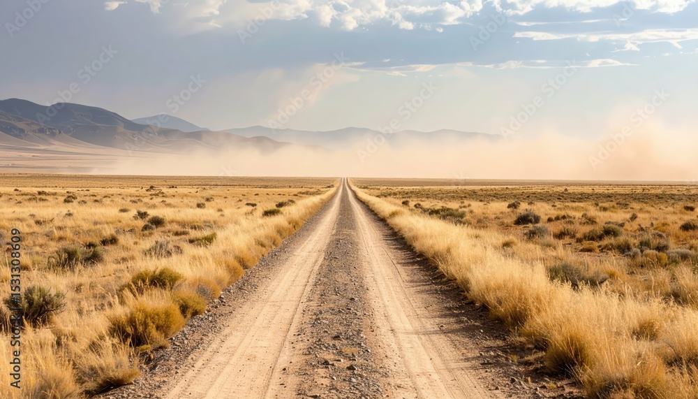 Fototapeta premium Dusty Pathway Through Vast Empty Plain under Heat Haze