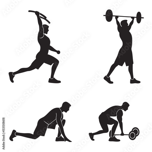 Silhouetted athletes exercising with weights and performing functional training movements on white background