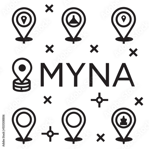Black Line Art Location Pins Myna White Background