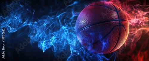 Abstract basketball background with a blue and red glow, dark black background