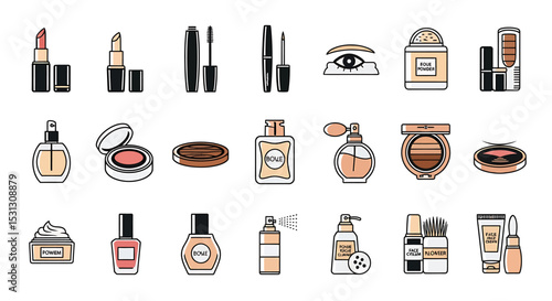 Vector icons Set of  Assorted cosmetic products including lipstick mascara eye shadow powder perfume cream and nail polish. Vector Illustrations