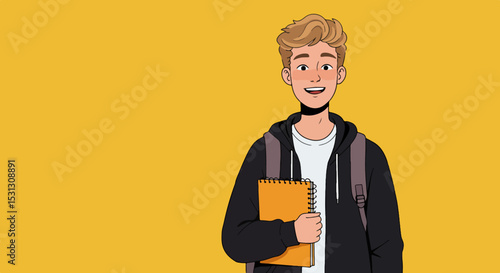 Young man with light brown hair smiling, holding an orange spiral-bound notebook, wearing a white t-shirt and dark blue hoodie, with a gray backpack