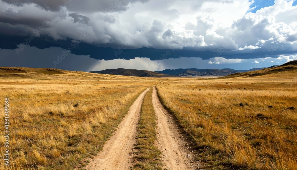 Fototapeta premium Worn Dirt Pathway Through Vast Empty Plains Under Dramatic Clouds