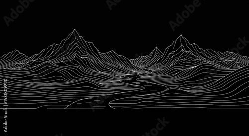 Black and white line art illustration of a mountainous landscape with a winding river