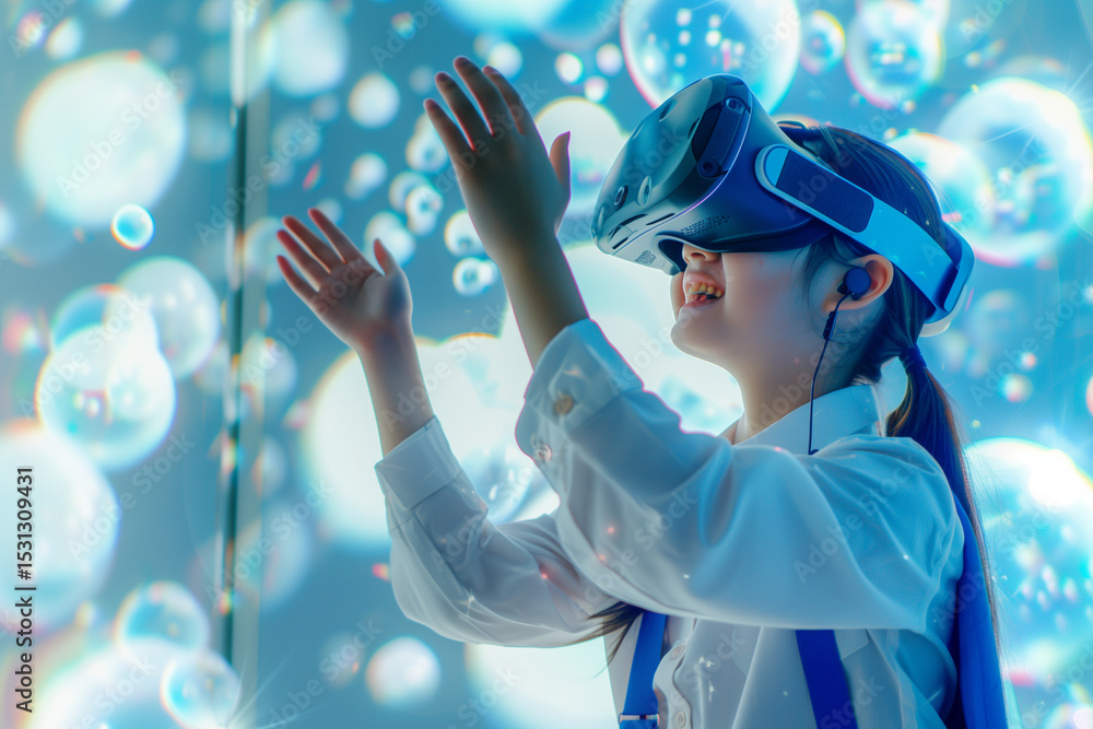 School student with VR headset using AI artificial intelligence technology, machine learning. Interactive technology in classroom. Innovation & smart tech. AI blue orb hologram. Futuristic education School student with VR headset using AI artificial intelligence technology, machine learning. Interactive technology in classroom. Innovation & smart tech. AI blue orb hologram. Futuristic education