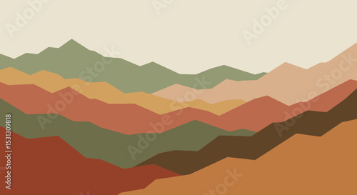 Abstract layered mountainous landscape with earthy brown, green, yellow, red, and pink hues