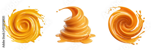 A top view of swirling orange juice forming a circular splash on a transparent background